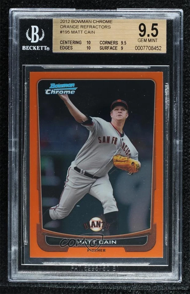 2012 Bowman Chrome Orange Refractor /25 Matt Cain #195 BGS 9.5 GEM MINT - Image 1 of 2