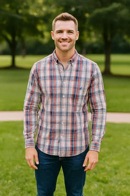 Camisa casual Nautica Signature slim fit masculina L xadrez vermelha/azul manga longa botão - Imagem 1 de 4