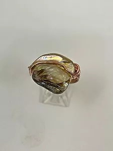 Handmade ~ Copper Wrap ~ Lustrous Iridescent Mother Of Pearl Ring Size 10. #28 - Picture 1 of 7