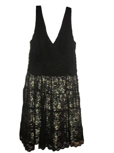 SL Fashions 18 W Black Lace Evening Formal Dress V-neck Ruching A-line - Picture 1 of 4