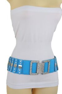 Women Blue Elastic Silver Metal Square Buckle Wide Belt Hip High Waist Size M L