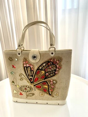 Vintage 50's Fabric And Wood Bag With Beaded Butterfly  - Image 1 of 4