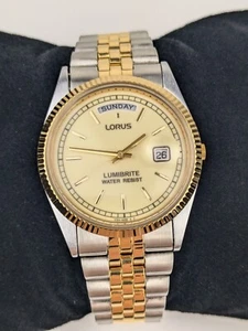 Vtg NEW OLD STOCK Lorus President Watch V744-0A30 Two Tone Fluted Bezel Day Date - Picture 1 of 11