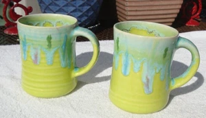 2 Handcrafted Art Pottery Mugs Signed Studio Bright Green Turquoise Drip Glaze - Picture 1 of 11