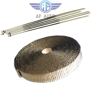 1" 50FT Fiberglass Exhaust Header Pipe Heat Wrap Tape Titanium 6 Ties Roll Kit - Picture 1 of 7