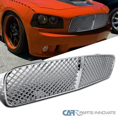 Fits 05-10 Dodge Charger Mesh Honeycomb Polished Chrome Front Hood Bumper Grille - Image 1 of 4