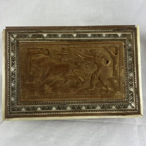 Vintage Carved Wood Trinket Box Man Chasing Wolf Inlay Blue Felt Lining 6x4x2” - Picture 1 of 10