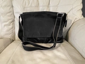 COACH Heritage Web Black Leather Messenger Bag #F70556 Adjustable Strap - Picture 1 of 16