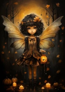 Handmade Halloween Fairy #3 - 7x10 Craft Cotton Quilting Fabric Block - Picture 1 of 1