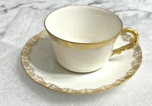 Limoges Saucer and Teacup White and Gold Accent Design. Nice! 3 1/4"W - Picture 1 of 6