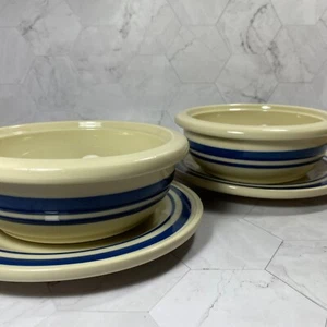 Roseville Friendship Pottery Blue-Stripe Stoneware 2 Sets Soup Bowl/Salad Plate - Picture 1 of 17