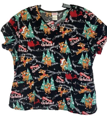 Rudolph The Red Nose Reindeer  V -Neck Womens 2XL Scrub Top (L11) NW/OTs - Image 1 of 4