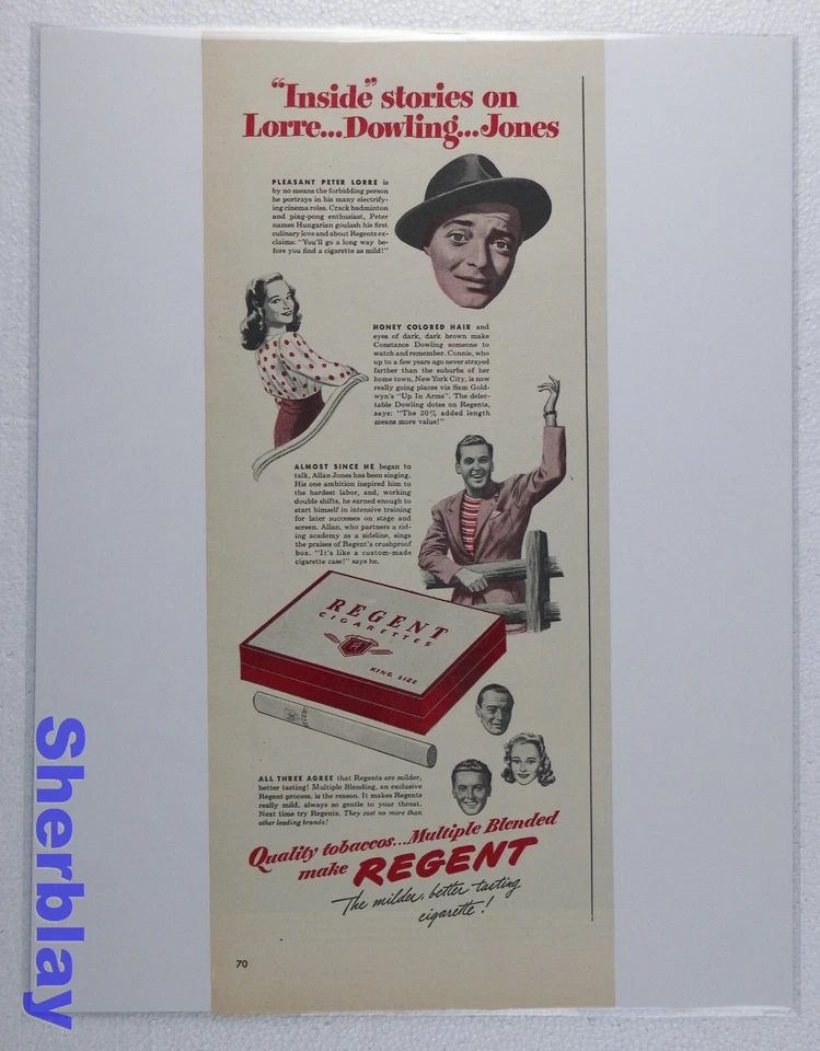 Vtg Original Ad 1944 Regent Cigarettes Peter Lorre Constance Dowling Jones - Imagem 1 de 1