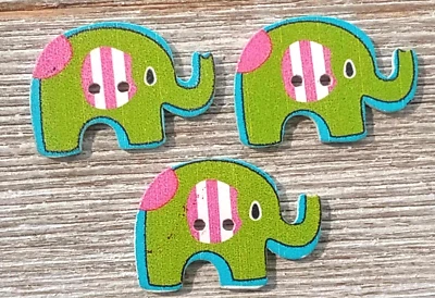 3 Green Elephant Flower Sewing Buttons Crafting Wood 2 Hole 1 1/8"  - Image 1 of 2