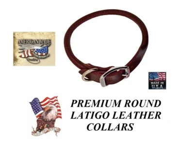 PREMIUM USA MADE LATIGO LEATHER Heavy Duty ROLLED ROUND DOG COLLAR*BROWN&SILVER - Image 1 of 4