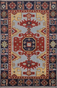 Vibrant Color Geometric Kazak Hand-Knotted Accent Rug Blue 4x6 ft - Picture 1 of 18