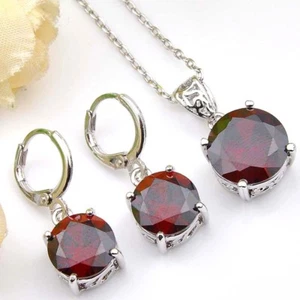 Runde Feuer AAA Rot Zirkonia Silber Ohrhänger Anhänger Halsketten Schmuckset - Bild 1 von 8