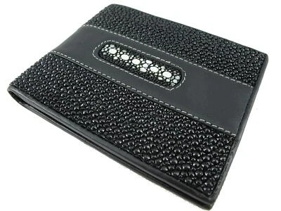 Cartera Doble Plegable Suave Cuero Piel Raya Diamante Fila Genuina (Negro) Foto 1 de 4