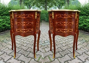 Commodes Nightstands French Louis XVI Mahogany Inlay Gold Leaf Accent Pair 2pc - Picture 1 of 20
