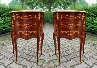 Commodes Nightstands French Louis XVI Mahogany Inlay Gold Leaf Accent Pair 2pc - Image 1 of 4