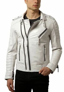 Men's White Leather Jacket 100% Genuine Soft Lambskin Slim Fit Stylish Jacket - Picture 1 of 8