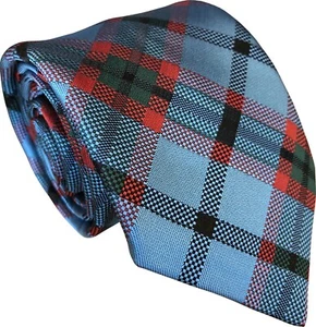 Tartan Mens Tie Sky Blue + Black + Red Highland Check Plaid - Picture 1 of 4