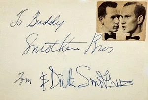SMOTHER BROTHERS Autographed Signed 4"x 6" INDEX CARD Singing and Comedy Duo - Picture 1 of 6