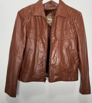 Vintage 70s Cognac Brown Leather Jacket 44 Zip-Out Faux Fur Lining YKK Korea - Image 1 of 4