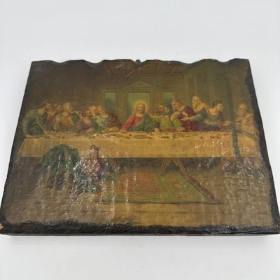 Placa de parede vintage de madeira lacada A Última Ceia 8,25”x6,25” Jesus Disciples - Imagem 1 de 4