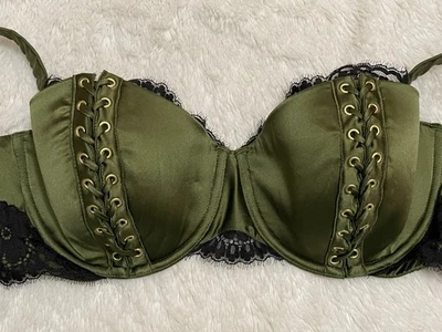$159 VICTORIA'S Secret ATELIER 38D SILK Corset LACE Up Bra Green Black RARE - Image 1 of 4