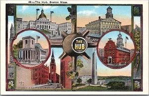 Vintage 1930s BOSTON, Massachusetts Postcard "THE HUB" State House / Bunker Hill - Picture 1 of 2