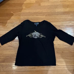 Top de calabaza Karen Scott negro plata estrás dorado brillo talla XL manga 3/4 - Imagen 1 de 7