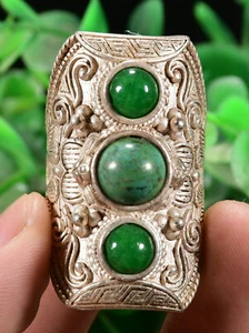 4.5CM China Silver inlay Green Gem Fengshui Exorcism ring Fingerstall Jewelry - Picture 1 of 8