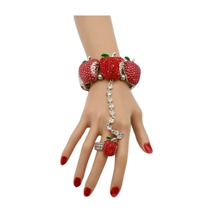Women Silver Metal Hand Chain Red Apples Bracelet Special Ring One Size Fit All - Picture 1 of 23