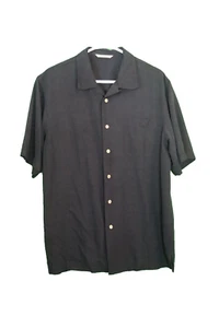 Mens 100% Silk Shirt Short Sleeve Collar Button Up Paradise Collection Black Med - Picture 1 of 6