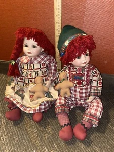  VTG Signed/numbered Raggedy Ann & Raggedy Andy Porcelain Dolls with Teddy bears - Picture 1 of 14