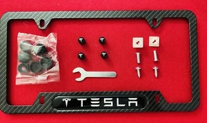 TESLA Carbon Fiber Look License Plate Frame w/Hardware, Stem Caps - Picture 1 of 12
