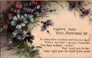 Postal Happy May Your Birthday Be Blue Flores Divididas Espalda, Sin Publicar - Imagen 1 de 2