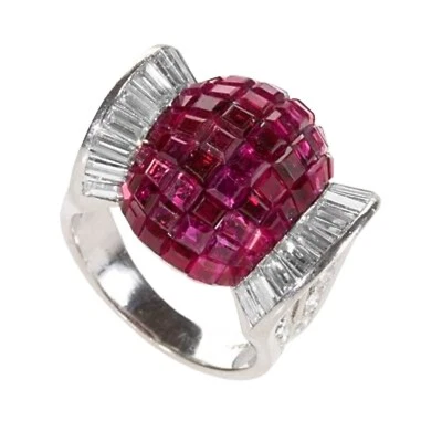 Invisible Set Lab Created Ruby Ring 925 Fine Silver Handcrafted Designer Jewelry - Image 1 of 4