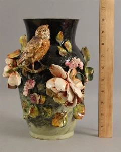 Antique 19thC Handmade Barbotine French Majolica Rose Flowers & Bird Vase - Picture 1 of 12
