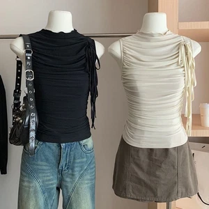 Femme Maille T-Shirt Débardeur sans Manche Bords Bande Plié HAUT S-XL - Imagen 1 de 10