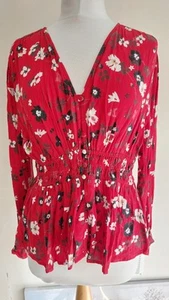 Very Red White Floral Long Sleeve Top Size UK 14 - Picture 1 of 8