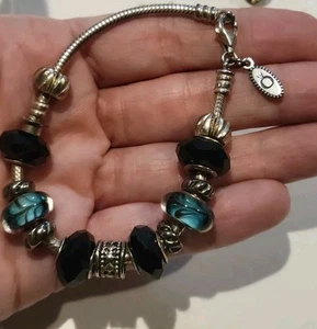 Pandora Sterling Silver Snake Bracelet 925 Art Glass Charm Beads Blue Teal Black - Picture 1 of 11