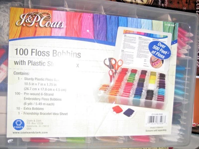 J.&P. COATS 100 PLUS FLOSS BOBBINS WITH PLASTIC STORAGE BOX MULTI COLORS - Image 1 of 2