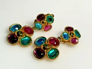 Vintage Clip on Earrings Shakira Caine Gold Metal Glass Stones Dangle Drop - Picture 1 of 9
