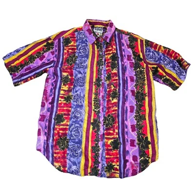 Vintage Silk Shirt Mens Medium Purple Multicolor Button Down 80s Details Express - Image 1 of 4