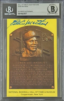 Eddie Mathews Signed Autographed Hall of Fame Plaque Postcard Beckett 16627877 - Image 1 of 2