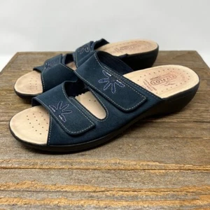 Fly Flot Sandals Womens 39 Blue Suede Wedge Floral Boho Cottagecore Coastal Open - Picture 1 of 14