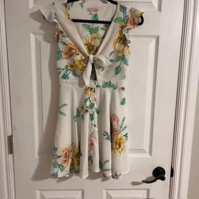 GB Floral Tie-Front Mini Dress Ruffle Sleeves Button Down XS - Image 1 of 4