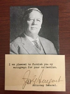 JOHN G SARGENT SIGNED CARD U.S. ATTORNEY GENERAL, COOLIDGE, TUFTS, VERMONT - Picture 1 of 1